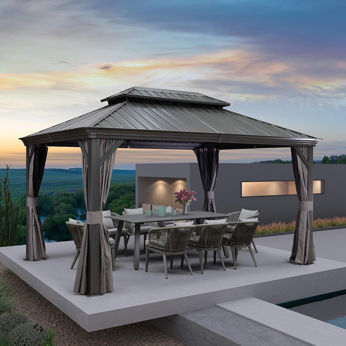 Gazebo 10′ X 14′ Built-in Drainage System, Gray | 4.7″ Thick Post, Built in Drainage, Windproof Cool Breeze, Snowproof & Rustproof, 260 GSM Textilene Netting, Fit Any Yard