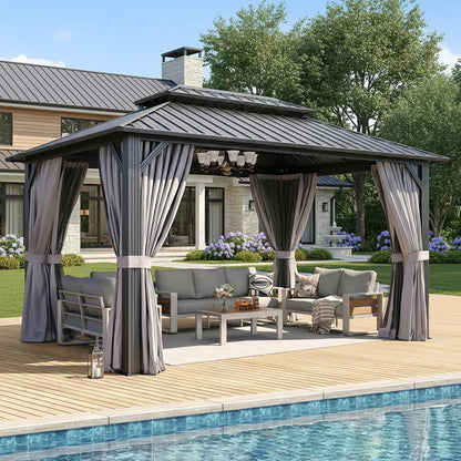 Gazebo 10×14 Hardtop Gazebo with Double Galvanized Steel Roof, Gray | Metal Frame Outdoor Pavilion with Breathable Netting and Privacy Curtain for Backyard