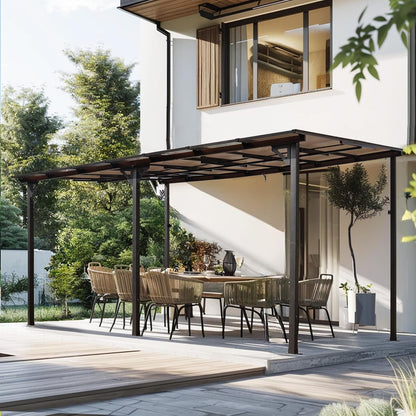 10×14 FT Outdoor Metal Flexible Top Lean to Gazebo Pergola with Sloped Roof, Heavy Duty Wall-Mounted Patio Awnings with Powder-Coated Steel Frame, for Lawn, Garden, Backyard and Deck, Grey