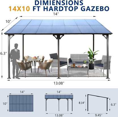 10×14 FT Outdoor Metal Flexible Top Lean to Gazebo Pergola with Sloped Roof, Heavy Duty Wall-Mounted Patio Awnings with Powder-Coated Steel Frame, for Lawn, Garden, Backyard and Deck, Grey