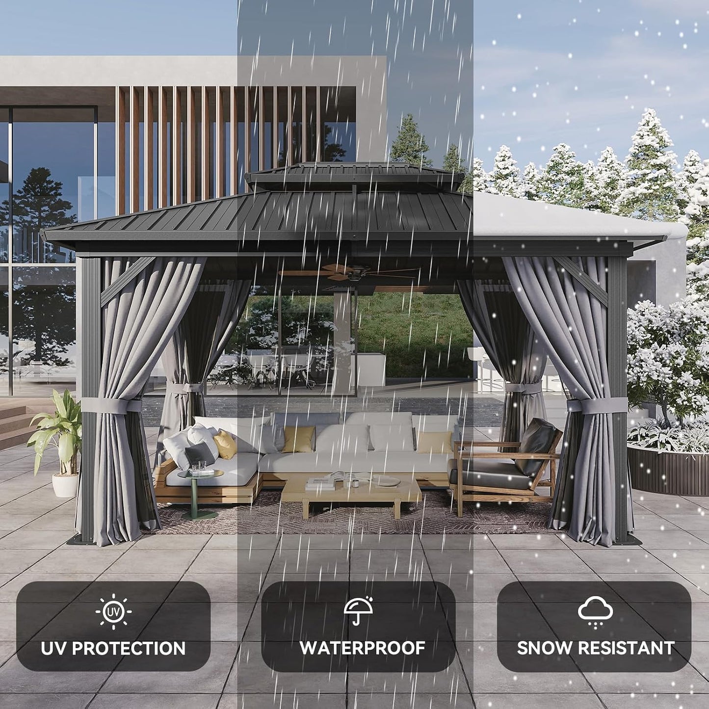 Gazebo 10×14 Hardtop Gazebo with Double Galvanized Steel Roof, Gray | Metal Frame Outdoor Pavilion with Breathable Netting and Privacy Curtain for Backyard