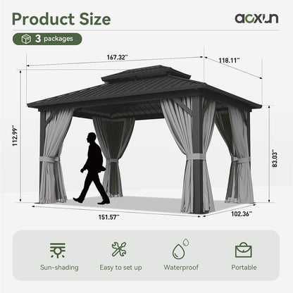 Gazebo 10×14 Hardtop Gazebo with Double Galvanized Steel Roof, Gray | Metal Frame Outdoor Pavilion with Breathable Netting and Privacy Curtain for Backyard