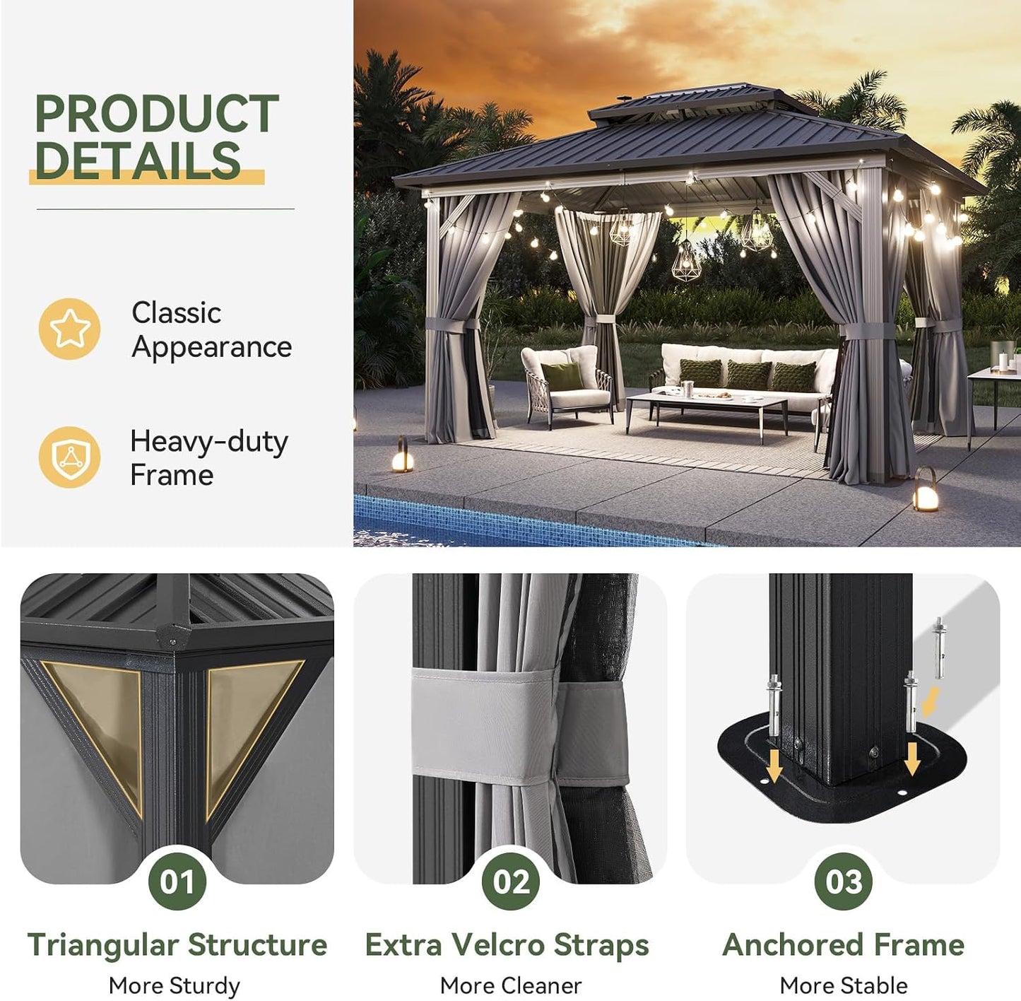 Gazebo 10×14 Hardtop Gazebo with Double Galvanized Steel Roof, Gray | Metal Frame Outdoor Pavilion with Breathable Netting and Privacy Curtain for Backyard
