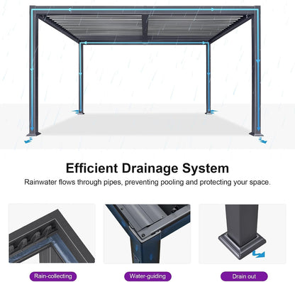 Louvered Pergola 10′ x 14′ Aluminum Pergola w/Independent Roof | 70 mph for stability, Reinforced beams add strength, Hidden drainage keeps dry, Independent louvers customize shade