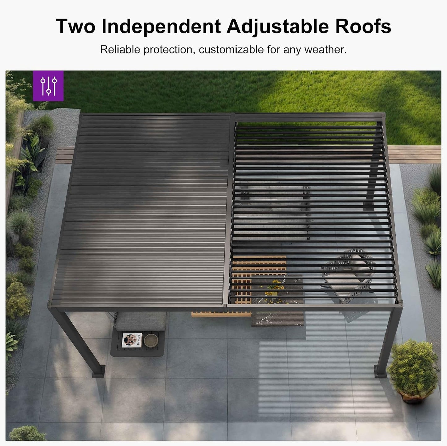 Louvered Pergola 10′ x 14′ Aluminum Pergola w/Independent Roof | 70 mph for stability, Reinforced beams add strength, Hidden drainage keeps dry, Independent louvers customize shade