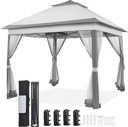 Yaheetech 11×11 Pop Up Gazebo Outdoor Canopy Shelter, Instant Patio Gazebo Sun Shade Canopy Tent with 4 Sandbags, 2 Tiers Roof & Mesh Netting for Lawn, Garden, Backyard & Deck, Gray