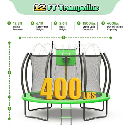 Outdoor Trampoline,Fashionsport Outfitters 8FT/12FT/14FT/16FT Round Jumping Trampoline with Ladder,Sprinkler,Basketball Hoop Board,Recreational Backyard Trampolines Anti-Rust for Kids Gift