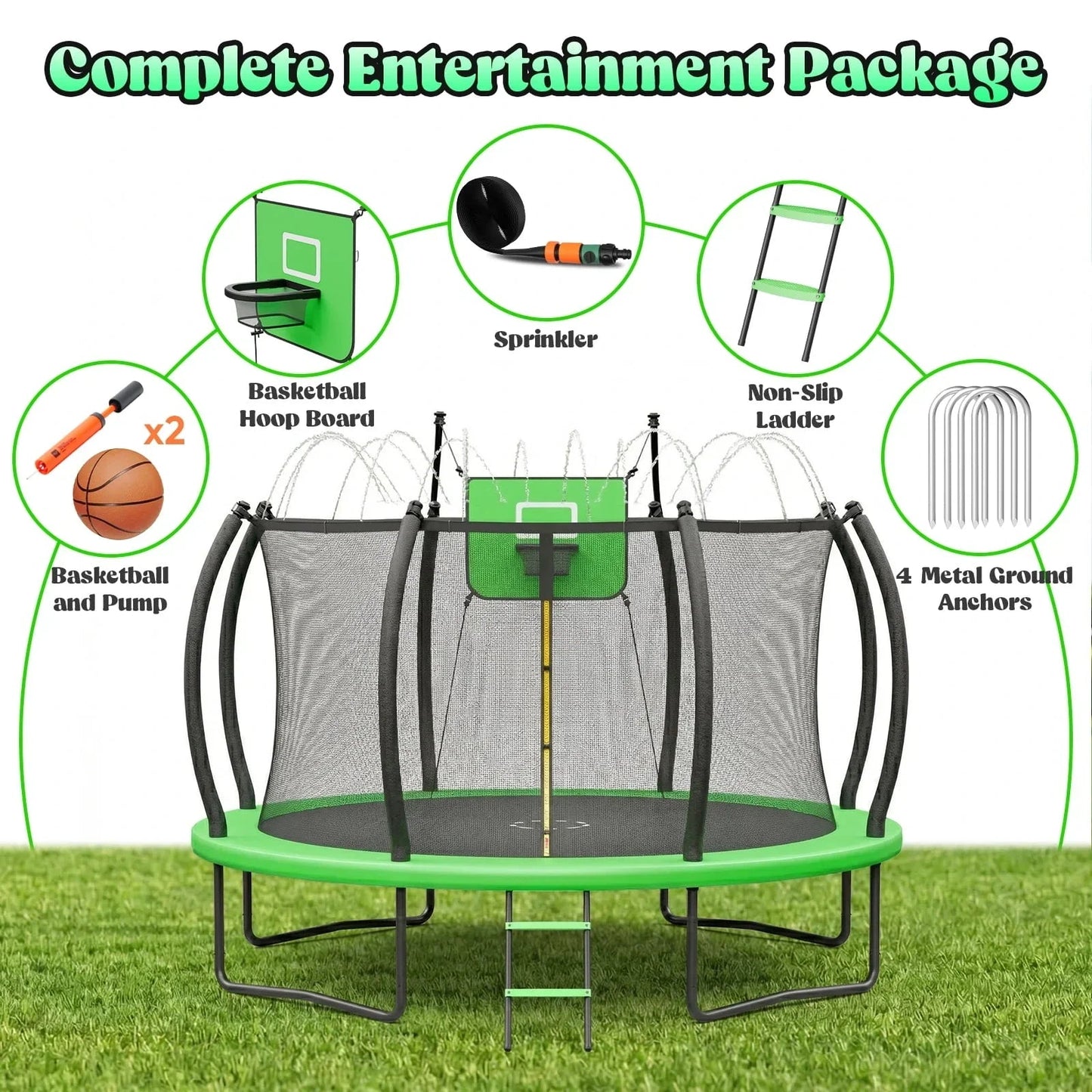Outdoor Trampoline,Fashionsport Outfitters 8FT/12FT/14FT/16FT Round Jumping Trampoline with Ladder,Sprinkler,Basketball Hoop Board,Recreational Backyard Trampolines Anti-Rust for Kids Gift