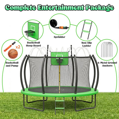 Outdoor Trampoline,Fashionsport Outfitters 8FT/12FT/14FT/16FT Round Jumping Trampoline with Ladder,Sprinkler,Basketball Hoop Board,Recreational Backyard Trampolines Anti-Rust for Kids Gift