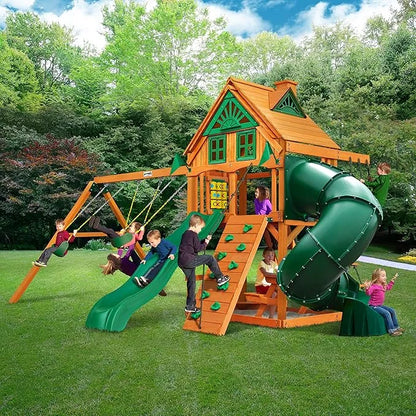 Gorilla Playsets Mountaineer Treehouse Wooden Swing Set with Tube Slide