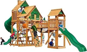 Gorilla Playsets Pioneer Peak Treehouse Wooden Swing Set with Clatter Bridge & Tire Swing