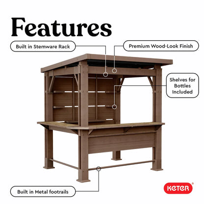 Keter Signature Collection 7.5 x 6.5 ft. Bar Gazebo with Shelves and TV Mount, Pine Brown