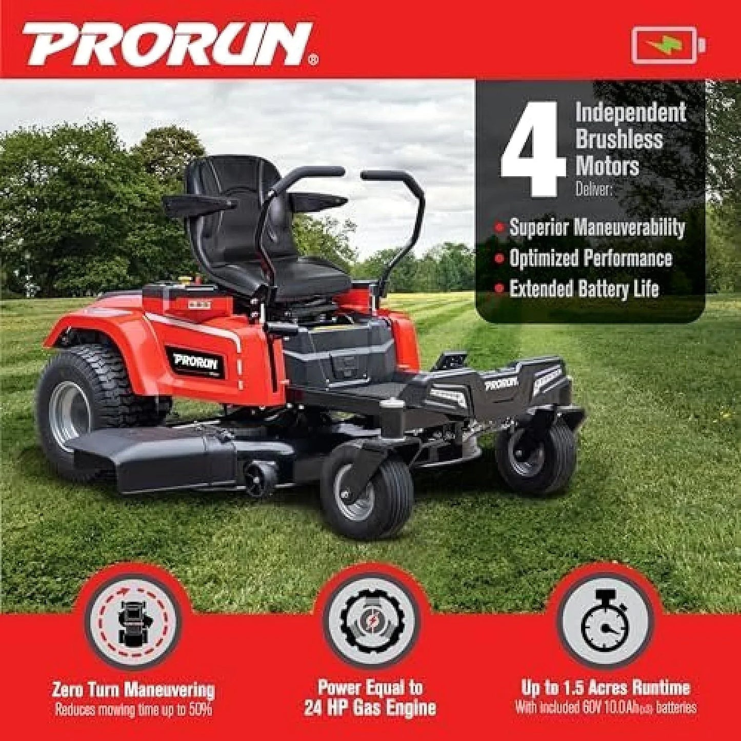PRORUN PZT60V42 60V 42-inch Brushless Electric Zero Turn Riding Lawn Mower