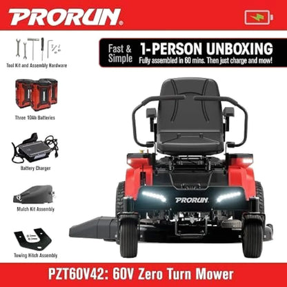 PRORUN PZT60V42 60V 42-inch Brushless Electric Zero Turn Riding Lawn Mower