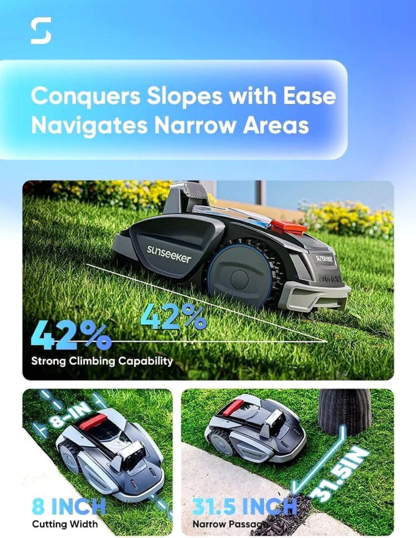 Sunseeker V3 Robotic Lawn Mower with AI Vision and Wireless Smart Navigation