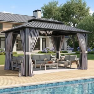 Gazebo 10×14 Hardtop Gazebo with Double Galvanized Steel Roof, Gray | Metal Frame Outdoor Pavilion with Breathable Netting and Privacy Curtain for Backyard