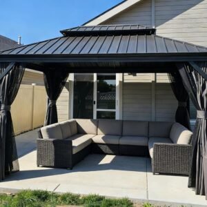 Gazebo 10′ X 14′ Built-in Drainage System, Gray | 4.7″ Thick Post, Built in Drainage, Windproof Cool Breeze, Snowproof & Rustproof, 260 GSM Textilene Netting, Fit Any Yard