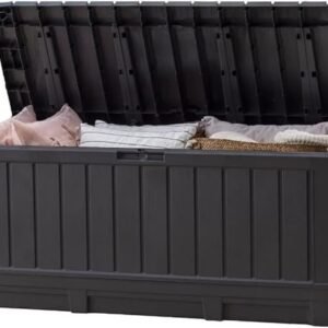 Keter Kentwood 92 Gallon Resin Deck Box-Organization and Storage for Patio Furniture Outdoor Cushions, Throw Pillows, Garden Tools and Pool Floats, Dark Grey