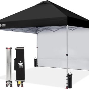 CROWN SHADES 10×10 Pop Up Canopy with 1 Side Wall – Beach Tent with One Push Setup – Outdoor Sun Shade for Events, Parties, Camping – Gazebo with STO-N-Go Cover Bag (Black)