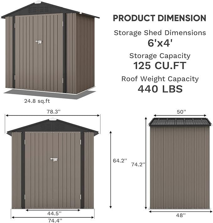 Patiowell 6×4 FT Outdoor Storage Shed, Garden Tool Storage Shed with Sloping Roof and Double Lockable Door, Outdoor Shed for Garden Backyard Patio Lawn, Brown - Image 2
