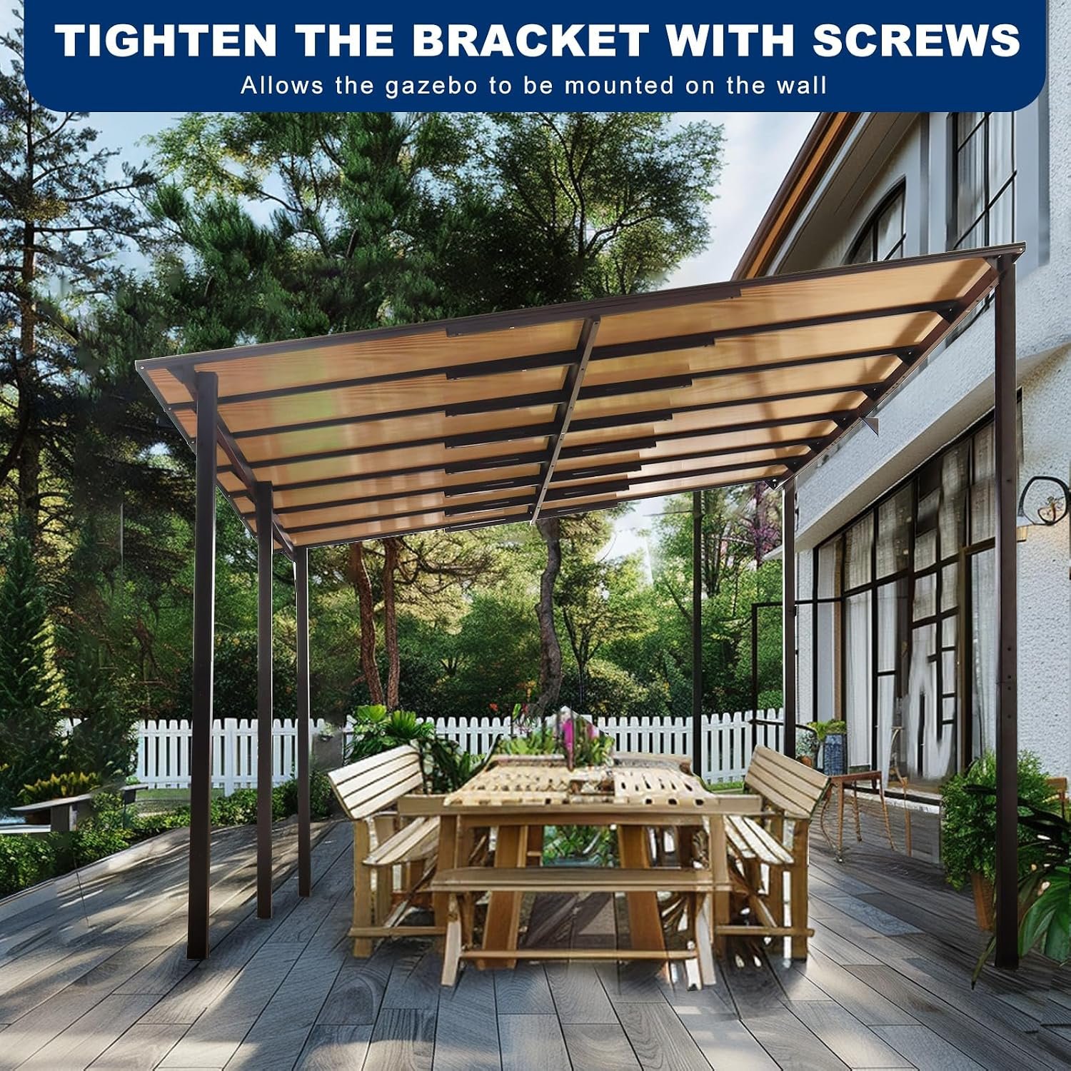 10×14 FT Outdoor Metal Flexible Top Lean to Gazebo Pergola with Sloped Roof, Heavy Duty Wall-Mounted Patio Awnings with Powder-Coated Steel Frame, for Lawn, Garden, Backyard and Deck, Grey - Image 7