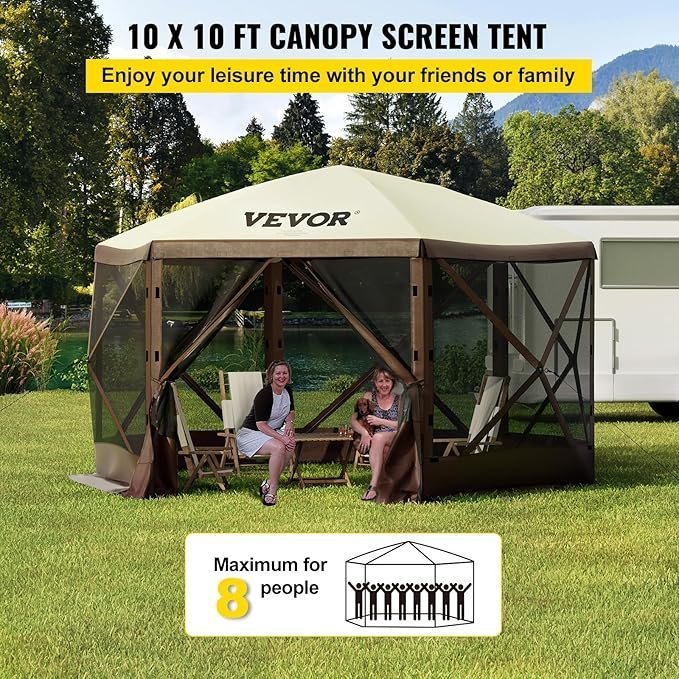 VEVOR Pop Up Gazebo Screen Tent, Pop-Up Instant Gazebo Tents with Mosquito Netting Outdoor Canopy, 6 Sided Sun Shelter 10x10ft with 6 Removable Wind Cloths & 2 Mesh Windows, Pavilion Tent for Patio - Image 6