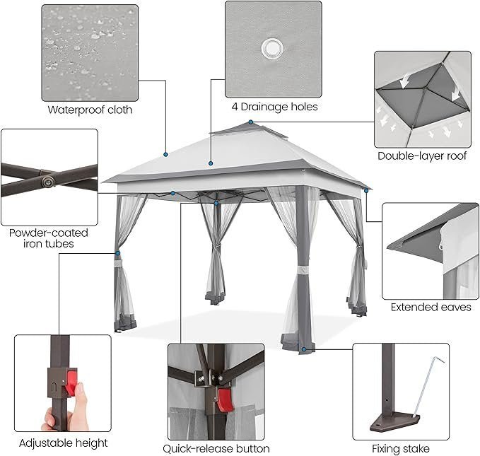 Yaheetech 11×11 Pop Up Gazebo Outdoor Canopy Shelter, Instant Patio Gazebo Sun Shade Canopy Tent with 4 Sandbags, 2 Tiers Roof & Mesh Netting for Lawn, Garden, Backyard & Deck, Gray - Image 2