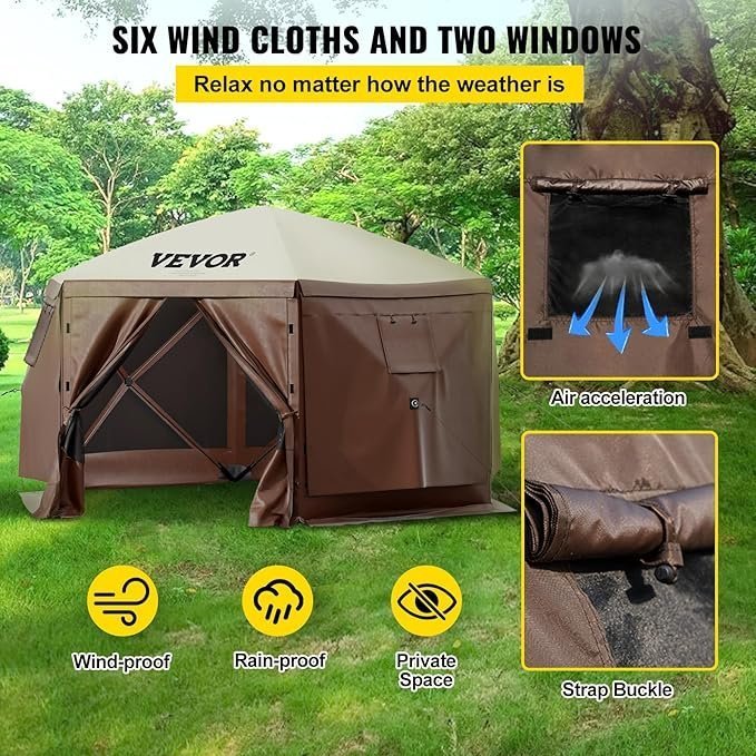 VEVOR Pop Up Gazebo Screen Tent, Pop-Up Instant Gazebo Tents with Mosquito Netting Outdoor Canopy, 6 Sided Sun Shelter 10x10ft with 6 Removable Wind Cloths & 2 Mesh Windows, Pavilion Tent for Patio - Image 5