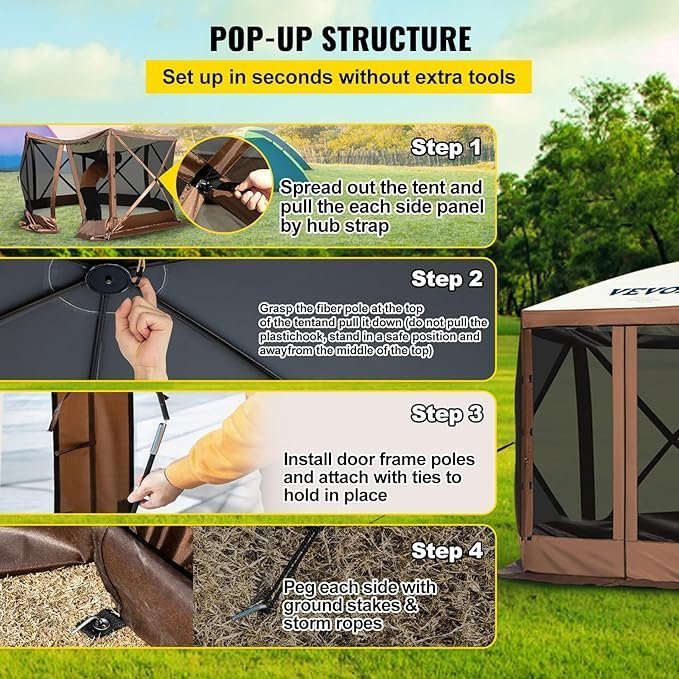 VEVOR Pop Up Gazebo Screen Tent, Pop-Up Instant Gazebo Tents with Mosquito Netting Outdoor Canopy, 6 Sided Sun Shelter 10x10ft with 6 Removable Wind Cloths & 2 Mesh Windows, Pavilion Tent for Patio - Image 3