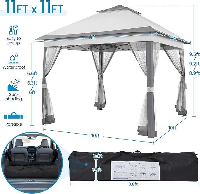 Yaheetech 11×11 Pop Up Gazebo Outdoor Canopy Shelter, Instant Patio Gazebo Sun Shade Canopy Tent with 4 Sandbags, 2 Tiers Roof & Mesh Netting for Lawn, Garden, Backyard & Deck, Gray - Image 7