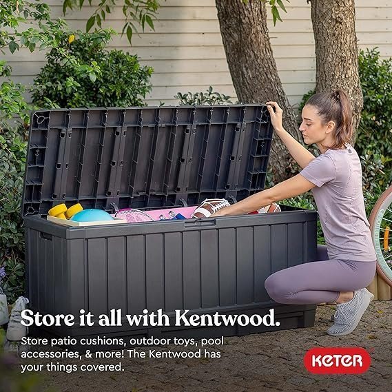 Keter Kentwood 92 Gallon Resin Deck Box-Organization and Storage for Patio Furniture Outdoor Cushions, Throw Pillows, Garden Tools and Pool Floats, Dark Grey - Image 6