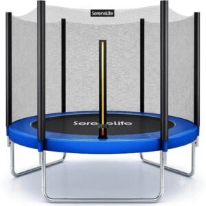 SereneLife 8FT 10FT 12FT 14FT Outdoor Trampoline for Kids – Recreational Backyard Trampoline with Curved Safety Poles and Net Enclosure- ASTM Approval for Kids Adults