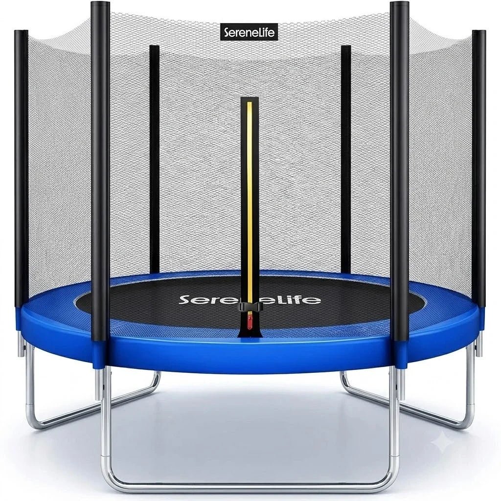 SereneLife 8FT 10FT 12FT 14FT Outdoor Trampoline for Kids – Recreational Backyard Trampoline with Curved Safety Poles and Net Enclosure- ASTM Approval for Kids Adults