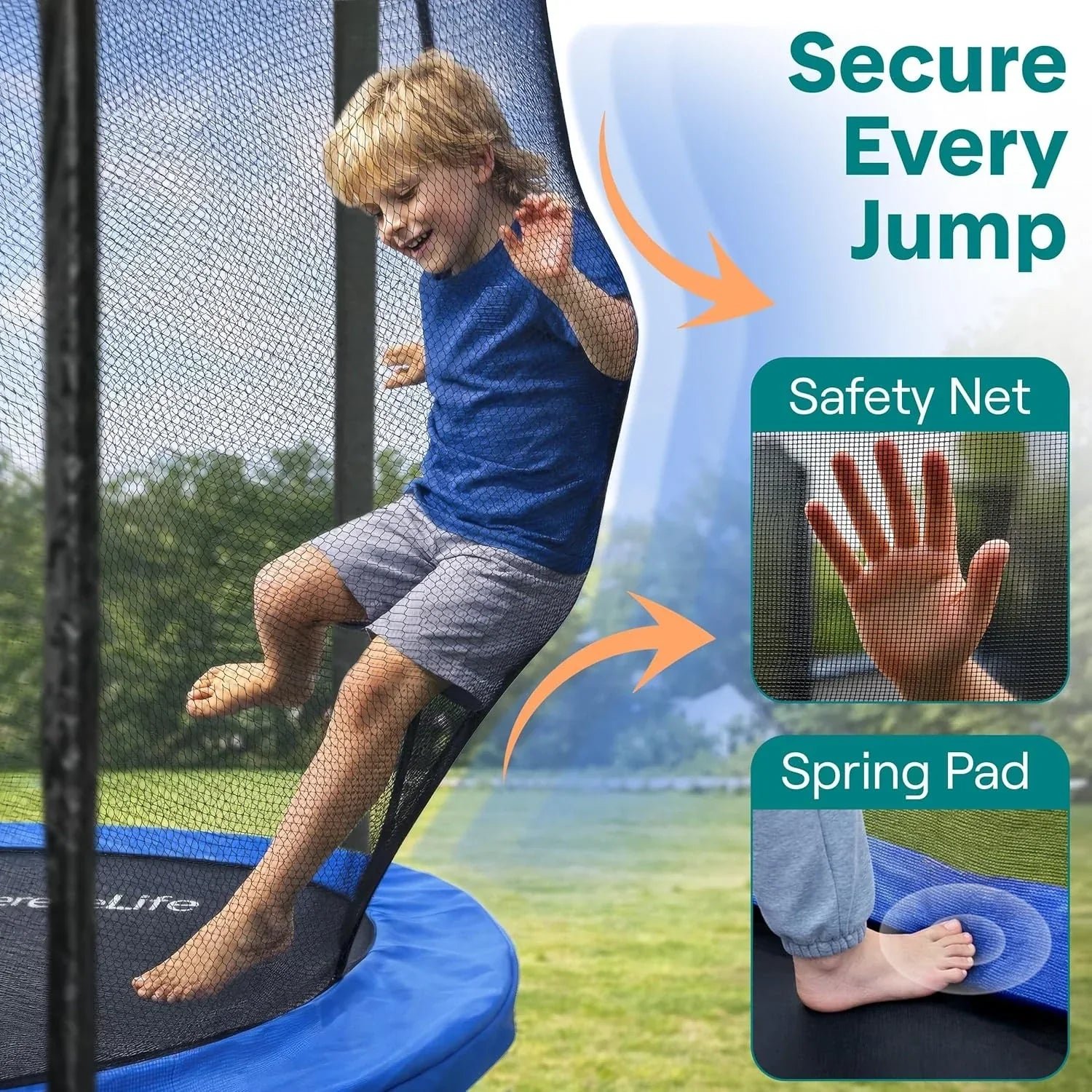 SereneLife 8FT 10FT 12FT 14FT Outdoor Trampoline for Kids – Recreational Backyard Trampoline with Curved Safety Poles and Net Enclosure- ASTM Approval for Kids Adults - Image 2