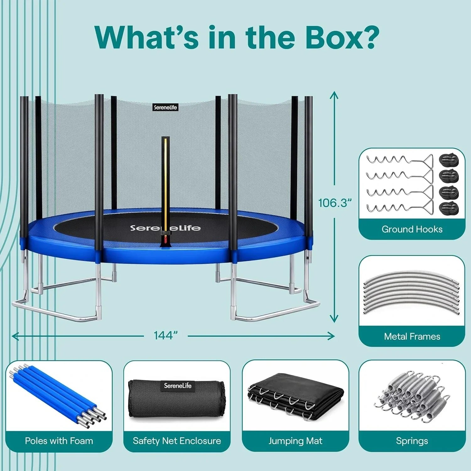 SereneLife 8FT 10FT 12FT 14FT Outdoor Trampoline for Kids – Recreational Backyard Trampoline with Curved Safety Poles and Net Enclosure- ASTM Approval for Kids Adults - Image 6