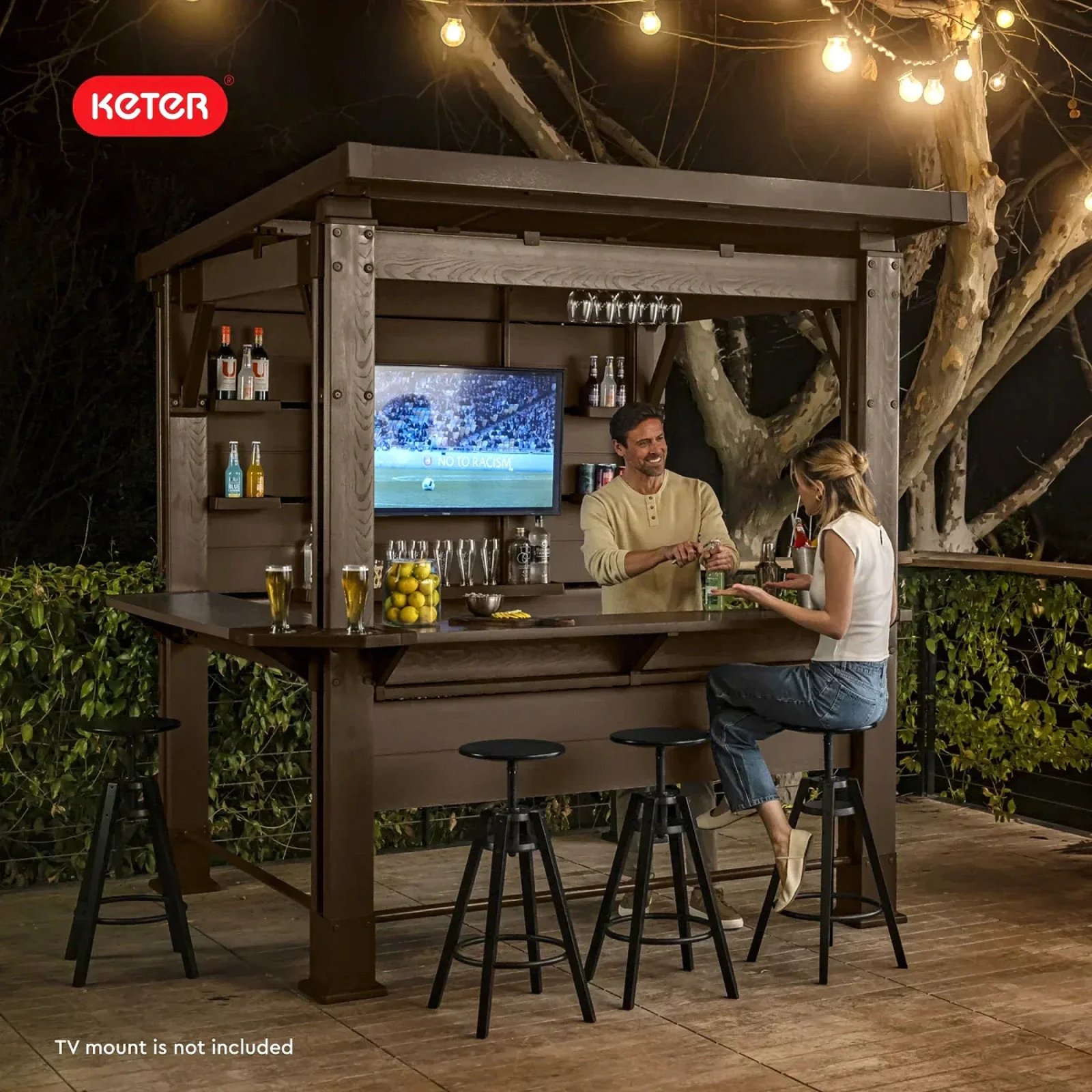 Keter Signature Collection 7.5 x 6.5 ft. Bar Gazebo with Shelves and TV Mount, Pine Brown - Image 2