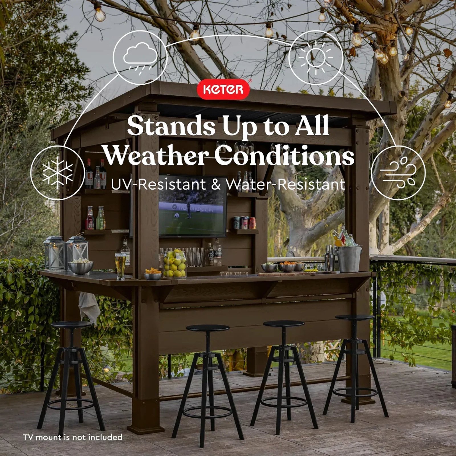 Keter Signature Collection 7.5 x 6.5 ft. Bar Gazebo with Shelves and TV Mount, Pine Brown - Image 4