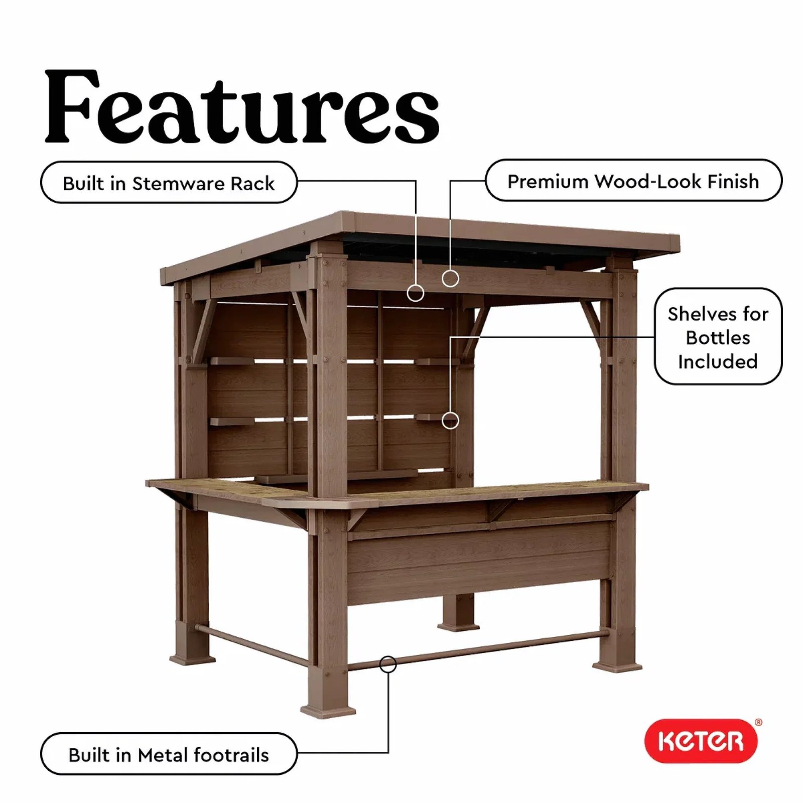 Keter Signature Collection 7.5 x 6.5 ft. Bar Gazebo with Shelves and TV Mount, Pine Brown - Image 5