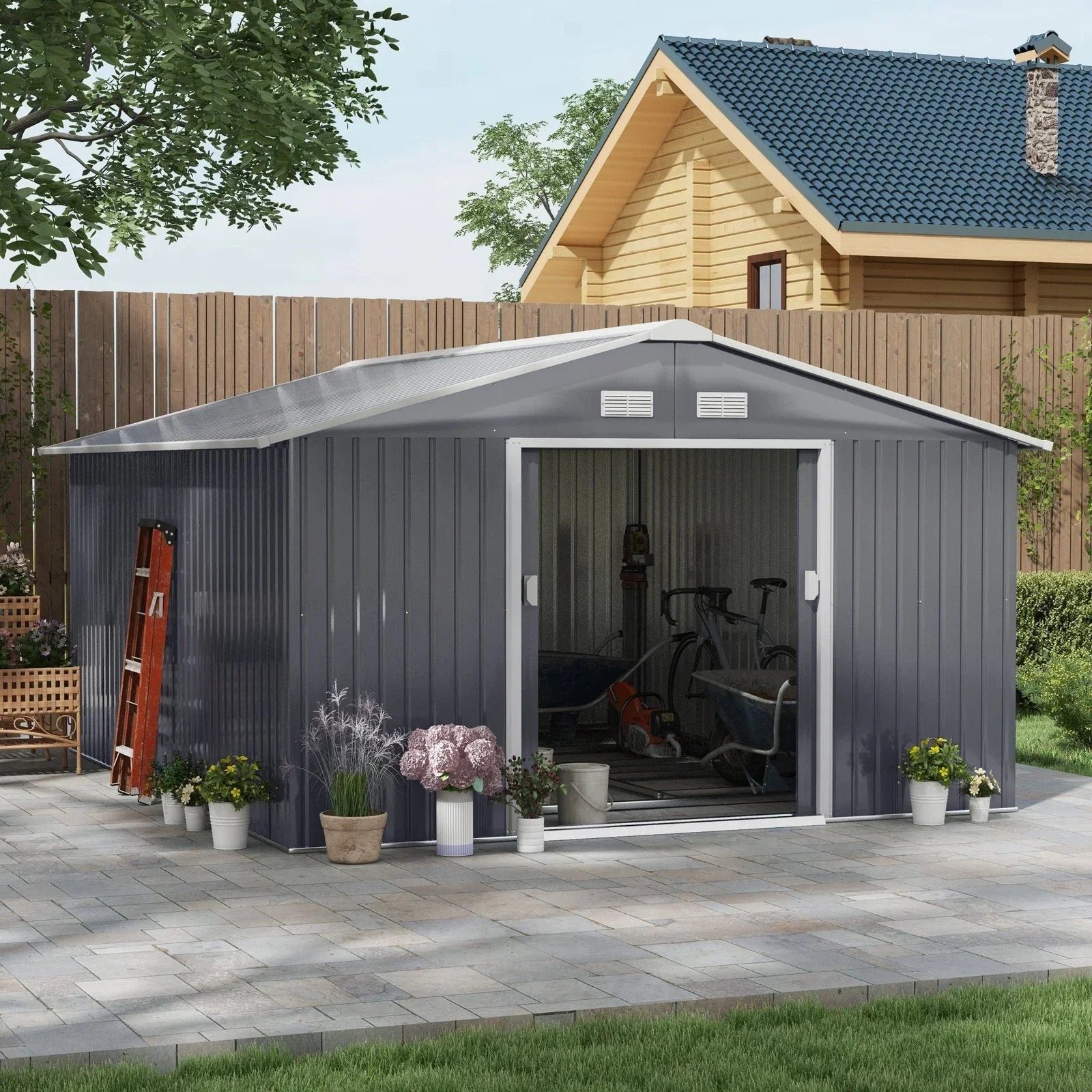 Outsunny Outdoor Storage Shed Dark Gray 11’×13′ Galvanized Steel - Image 3