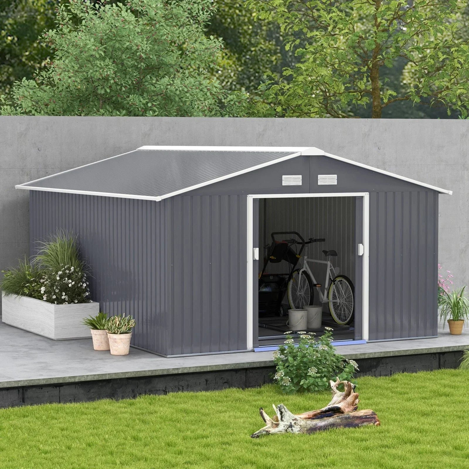 Outsunny Outdoor Storage Shed Dark Gray 11’×13′ Galvanized Steel - Image 4