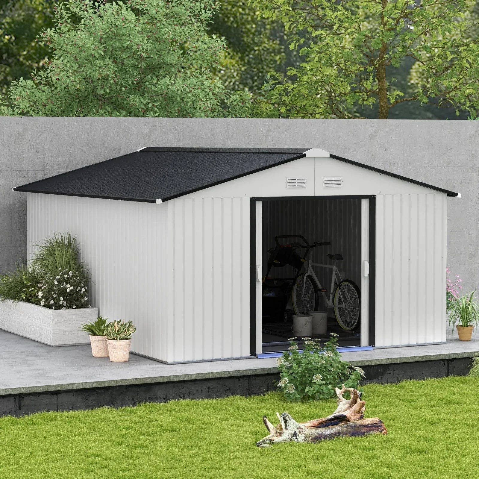 Outsunny Outdoor Storage Shed White 11’×13′ Galvanized Steel - Image 3