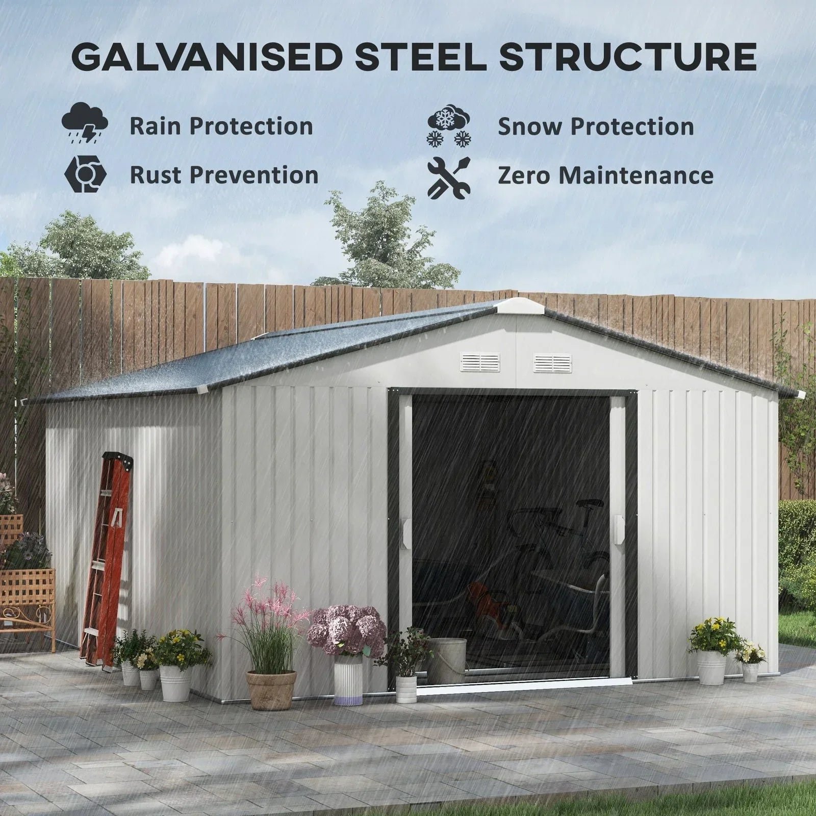 Outsunny Outdoor Storage Shed White 11’×13′ Galvanized Steel - Image 5
