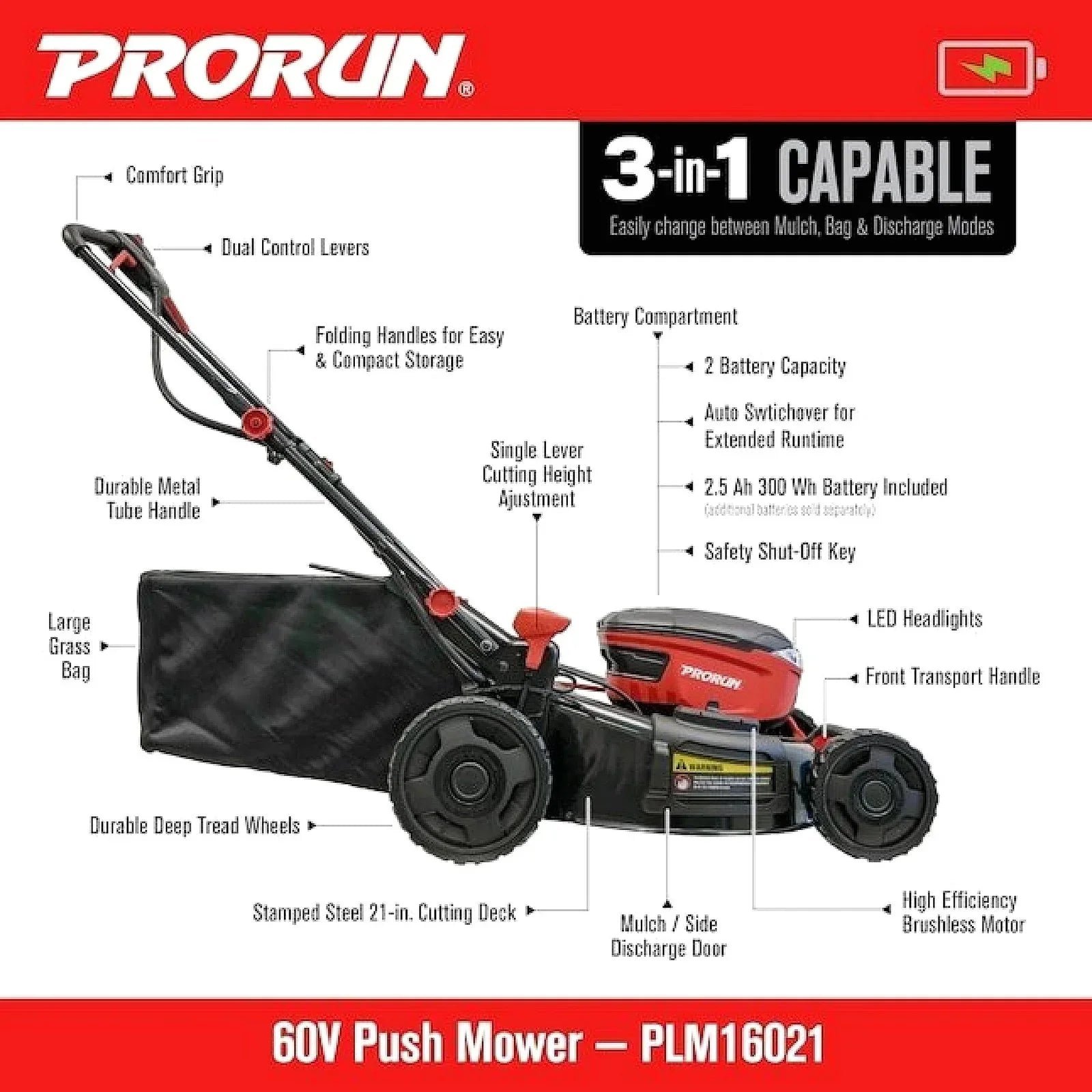 PRORUN 60V 21-Inch Steel Deck Cordless Push Lawn Mower with 2.5 Ah Battery and Charger - Image 4
