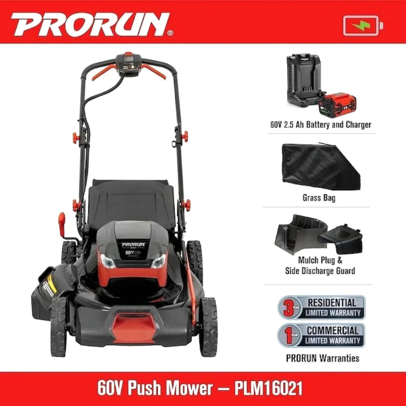 PRORUN 60V 21-Inch Steel Deck Cordless Push Lawn Mower with 2.5 Ah Battery and Charger - Image 6