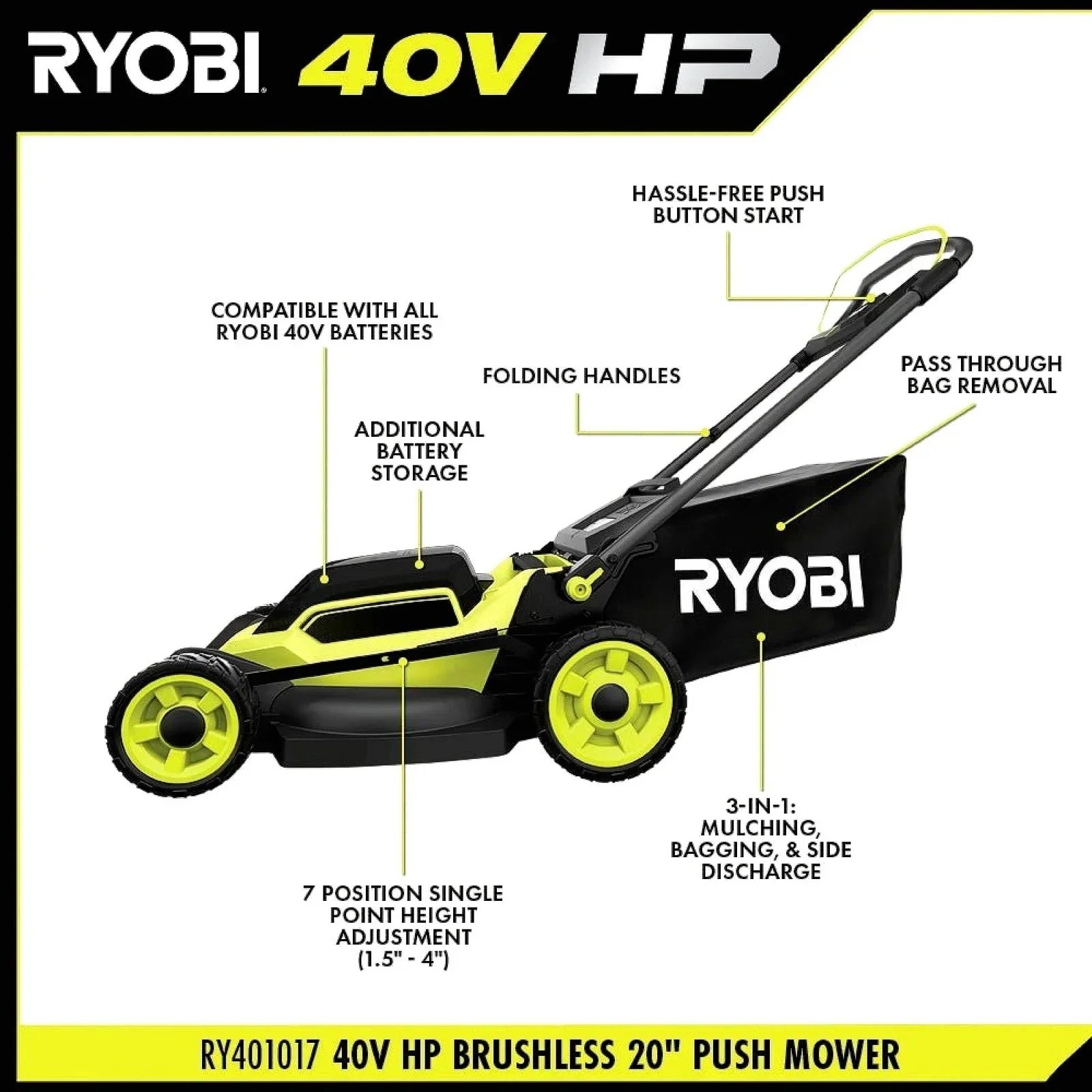 RYOBI 40V HP Brushless 20 Inch Cordless Electric Push Mower - Image 3