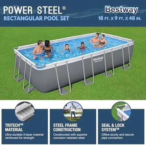 Bestway Power Steel 18′ x 9′ x 48″ Rectangular Metal Frame Above Ground Outdoor Swimming Pool Set with 1,500 GPH Filter Pump, Ladder, and Pool Covers - Image 5