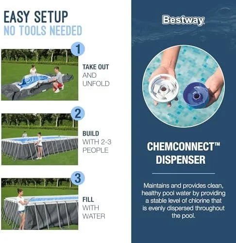 Bestway Power Steel 18′ x 9′ x 48″ Rectangular Metal Frame Above Ground Outdoor Swimming Pool Set with 1,500 GPH Filter Pump, Ladder, and Pool Covers - Image 3